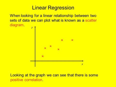 Linear Regression When looking for a linear relationship between two sets of data we can plot what is known as a scatter diagram. x y Looking at the graph.