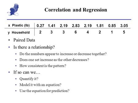 Correlation and Regression Paired Data Is there a relationship? Do the numbers appear to increase or decrease together? Does one set increase as the other.
