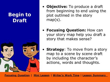 Focusing QuestionFocusing Question | Mini Lesson | Writer’s Work Time | Lesson SummaryMini LessonWriter’s Work TimeLesson Summary Begin to Draft Objective: