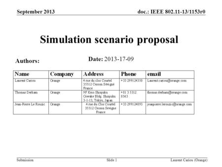 Doc.: IEEE 802.11-13/1153r0 Submission September 2013 Laurent Cariou (Orange)Slide 1 Simulation scenario proposal Date: 2013-17-09 Authors: