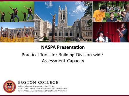 NASPA Presentation Practical Tools for Building Division-wide Assessment Capacity Adrienne Dumpe, Graduate Assistant, VPSA Katie O’Dair, Director of Assessment.