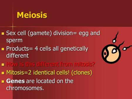 Meiosis Sex cell (gamete) division= egg and sperm