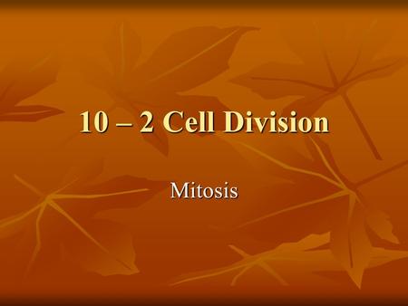 10 – 2 Cell Division Mitosis. Chromosomes DNA is passed on in chromosomes DNA is passed on in chromosomes Every organism has a specific # of chromosomes: