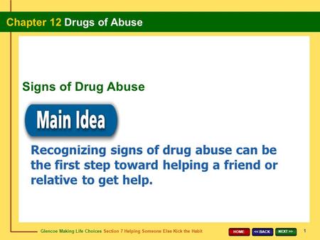 Glencoe Making Life Choices Section 7 Helping Someone Else Kick the Habit Chapter 12 Drugs of Abuse 1 > HOME Recognizing signs of drug abuse.
