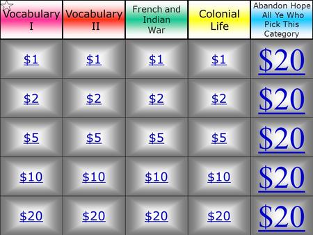 $2 $5 $10 $20 $1 $2 $5 $10 $20 $1 $2 $5 $10 $20 $1 $2 $5 $10 $20 $1 Vocabulary I Vocabulary II French and Indian War Colonial Life Abandon Hope All Ye.