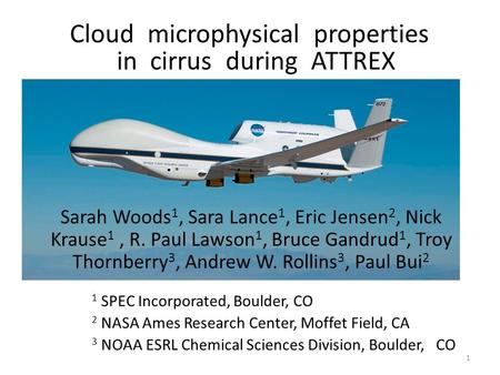 1 Cloud microphysical properties in cirrus during ATTREX Sarah Woods 1, Sara Lance 1, Eric Jensen 2, Nick Krause 1, R. Paul Lawson 1, Bruce Gandrud 1,