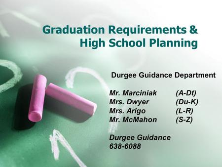 Graduation Requirements & High School Planning Durgee Guidance Department Mr. Marciniak (A-Dt) Mrs. Dwyer (Du-K) Mrs. Arigo (L-R) Mr. McMahon (S-Z) Durgee.