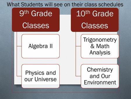 9 th Grade Classes Algebra II Physics and our Universe 10 th Grade Classes Trigonometry & Math Analysis Chemistry and Our Environment What Students will.