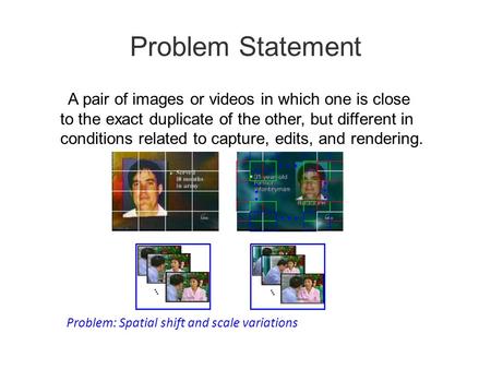 Problem Statement A pair of images or videos in which one is close to the exact duplicate of the other, but different in conditions related to capture,
