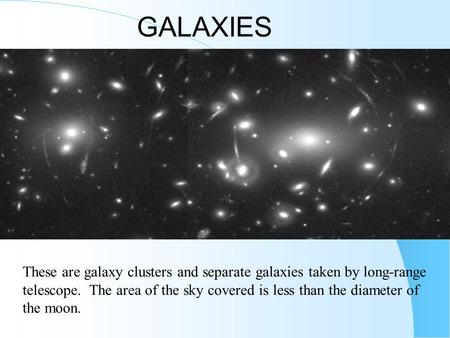 GALAXIES These are galaxy clusters and separate galaxies taken by long-range telescope. The area of the sky covered is less than the diameter of the moon.