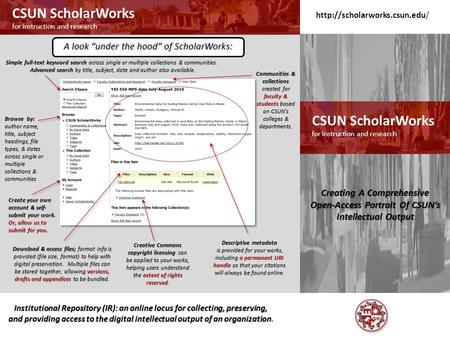 CSUN ScholarWorks for instruction and research CSUN ScholarWorks for instruction and research Institutional Repository (IR): an online locus for collecting,