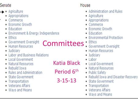 Committees Katia Black Period 6 th 3-15-13. House standing Committees Agriculture Transportation and infrastructure Education and the workforce Resources.