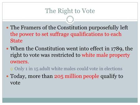 The Right to Vote The Framers of the Constitution purposefully left the power to set suffrage qualifications to each State When the Constitution went into.