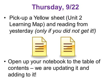 Thursday, 9/22 Open up your notebook to the table of contents – we are updating it and adding to it! Pick-up a Yellow sheet (Unit 2 Learning Map) and reading.