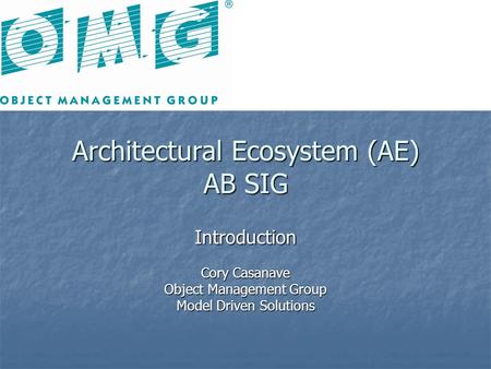 Architectural Ecosystem (AE) AB SIG Introduction Cory Casanave Object Management Group Model Driven Solutions.