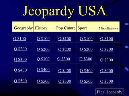 Jeopardy USA GeographyHistoryPop CutureSport Miscellaneous Q $100 Q $200 Q $300 Q $400 Q $500 Q $100 Q $200 Q $300 Q $400 Q $500 Final Jeopardy.