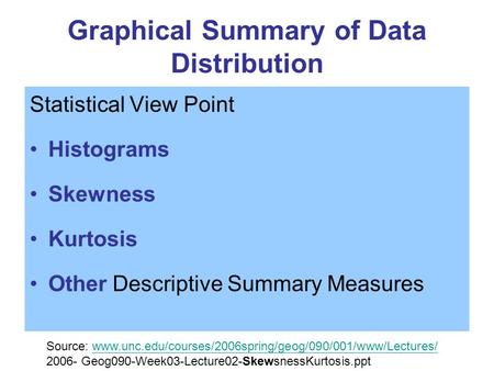 Graphical Summary of Data Distribution Statistical View Point Histograms Skewness Kurtosis Other Descriptive Summary Measures Source: www.unc.edu/courses/2006spring/geog/090/001/www/Lectures/