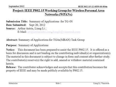 IEEE 802.15-12-0539-00-004n SubmissionLiang Li, VinnotechSlide 1 Project: IEEE P802.15 Working Group for Wireless Personal Area Networks (WPANs) Submission.