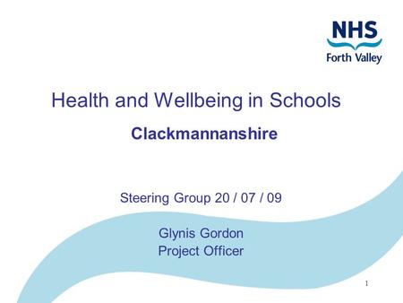 1 Health and Wellbeing in Schools Clackmannanshire Steering Group 20 / 07 / 09 Glynis Gordon Project Officer.