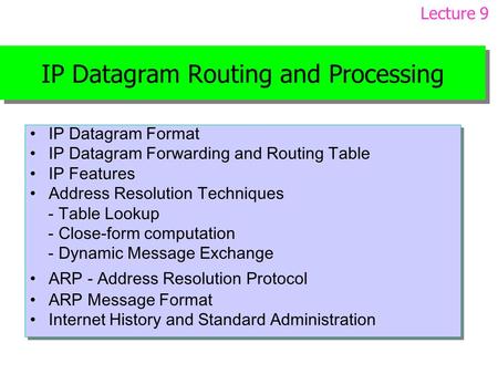 IP Datagram Routing and Processing IP Datagram Format IP Datagram Forwarding and Routing Table IP Features Address Resolution Techniques - Table Lookup.