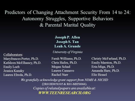 Predictors of Changing Attachment Security From 14 to 24: Autonomy Struggles, Supportive Behaviors & Parental Marital Quality Joseph P. Allen Joseph S.