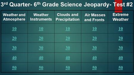 Weather and Atmosphere Weather Instruments Clouds and Precipitation Air Masses and Fronts Extreme Weather 10 20 30 40 50 3 rd Quarter- 6 th Grade Science.