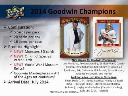 2014 Goodwin Champions  Configuration: 5 cards per pack 20 packs per box 16 boxes per case  Product Highlights: NEW! Monsters 3D cards! NEW! Origin of.