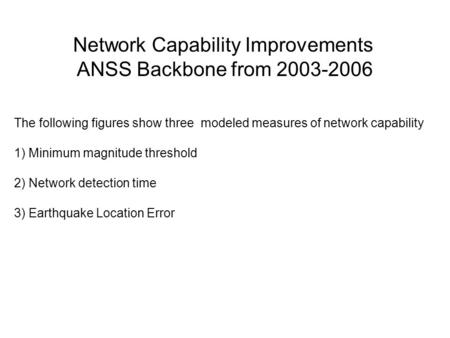 The following figures show three modeled measures of network capability 1) Minimum magnitude threshold 2) Network detection time 3) Earthquake Location.
