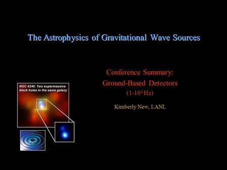 The Astrophysics of Gravitational Wave Sources Conference Summary: Ground-Based Detectors (1-10 4 Hz) Kimberly New, LANL.