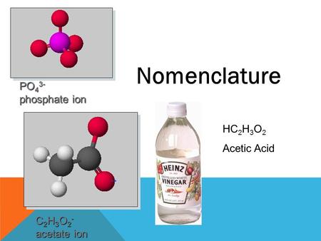 Nomenclature PO 4 3- phosphate ion C 2 H 3 O 2 - acetate ion HC 2 H 3 O 2 Acetic Acid.