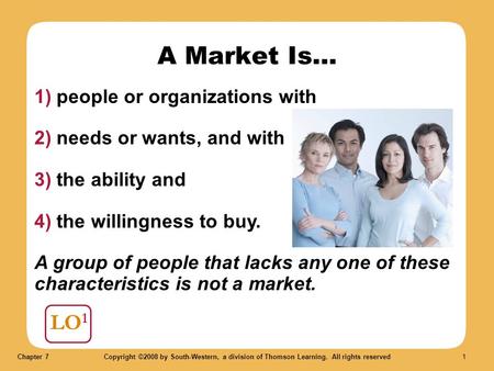 Chapter 7Copyright ©2008 by South-Western, a division of Thomson Learning. All rights reserved 1 LO 1 A Market Is... 1) people or organizations with 2)