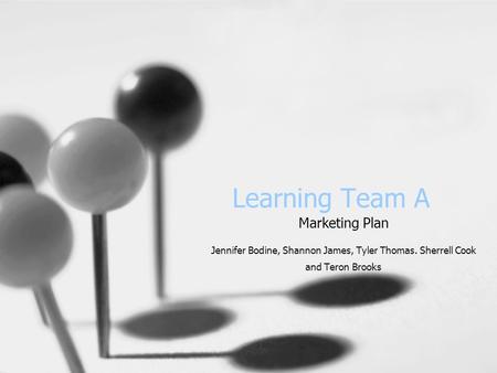 Learning Team A Marketing Plan Jennifer Bodine, Shannon James, Tyler Thomas. Sherrell Cook and Teron Brooks.
