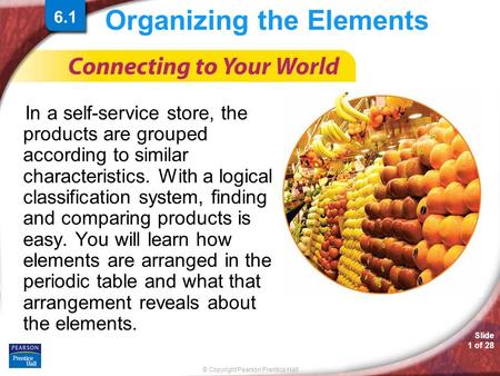 © Copyright Pearson Prentice Hall Slide 1 of 28 6.1 Organizing the Elements In a self-service store, the products are grouped according to similar characteristics.