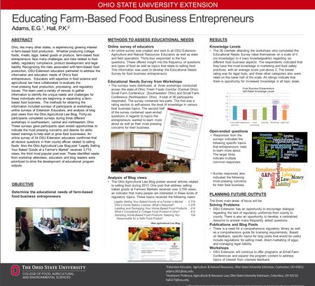 OHIO STATE UNIVERSITY EXTENSION Educating Farm-Based Food Business Entrepreneurs Adams, E.G. 1, Hall, P.K. 2 ABSTRACT Ohio, like many other states, is.