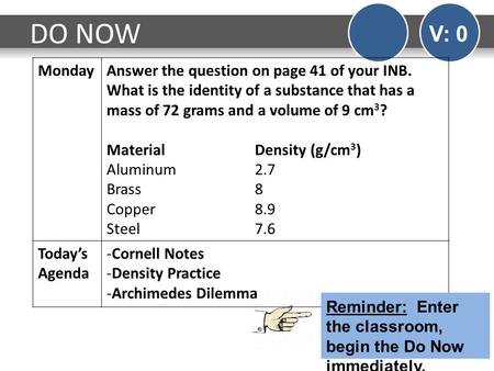 DO NOW V: 0 Monday Answer the question on page 41 of your INB. What is the identity of a substance that has a mass of 72 grams and a volume of 9 cm3? Material		Density.
