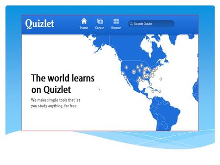  A turbo-charged, digital flash card app on cloud storage.  A library of pre-made, web-based study-aids. Want to know more? www.quizlet.com What is.