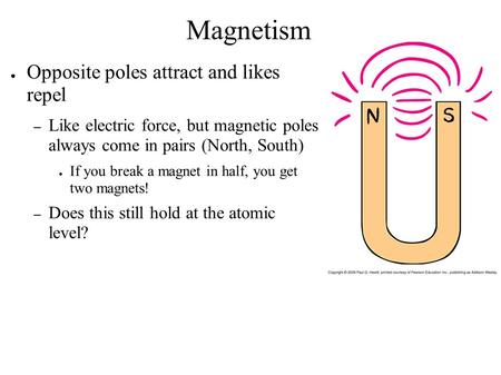Magnetism Opposite poles attract and likes repel