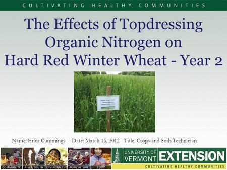 The Effects of Topdressing Organic Nitrogen on Hard Red Winter Wheat - Year 2 Name: Erica Cummings Date: March 15, 2012 Title: Crops and Soils Technician.