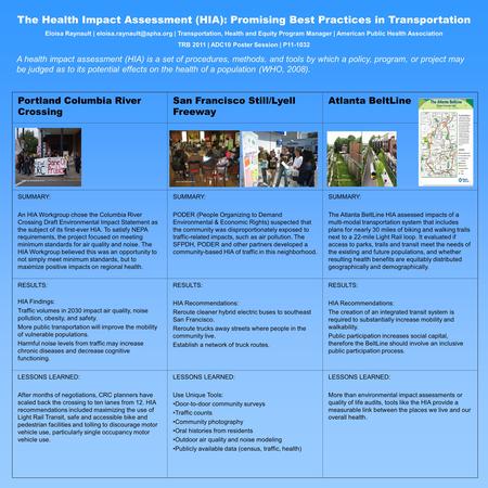 The Health Impact Assessment (HIA): Promising Best Practices in Transportation Eloisa Raynault | | Transportation, Health and.