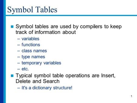 Symbol Tables Symbol tables are used by compilers to keep track of information about variables functions class names type names temporary variables etc.
