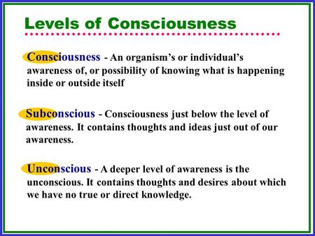Levels of Consciousness Subconscious - Consciousness just below the level of awareness. It contains thoughts and ideas just out of our awareness. Unconscious.