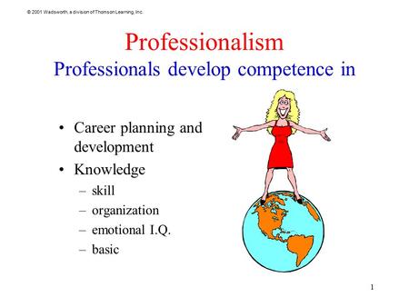 © 2001 Wadsworth, a division of Thomson Learning, Inc. 1 Professionalism Professionals develop competence in Career planning and development Knowledge.