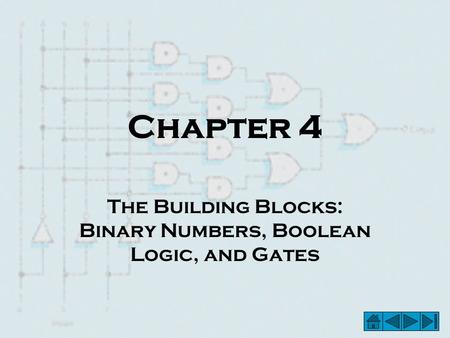 Chapter 4 The Building Blocks: Binary Numbers, Boolean Logic, and Gates.