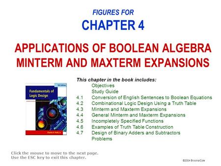 ©2004 Brooks/Cole FIGURES FOR CHAPTER 4 APPLICATIONS OF BOOLEAN ALGEBRA MINTERM AND MAXTERM EXPANSIONS Click the mouse to move to the next page. Use the.