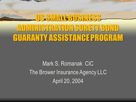 US SMALL BUSINESS ADMINISTRATION SURETY BOND GUARANTY ASSISTANCE PROGRAM Mark S. Romanak CIC The Brower Insurance Agency LLC April 20, 2004.