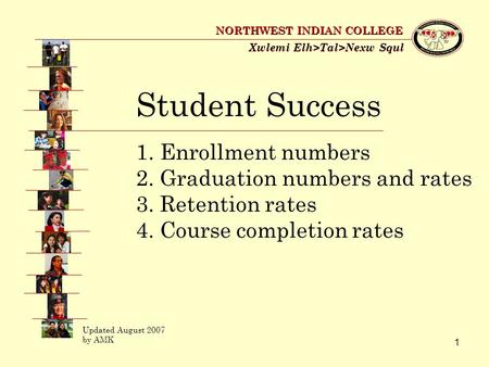 1 Xwlemi Elh>Tal>Nexw Squl NORTHWEST INDIAN COLLEGE Student Success 1. Enrollment numbers 2. Graduation numbers and rates 3. Retention rates 4. Course.
