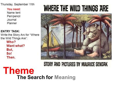 Theme The Search for Meaning Thursday, September 11th ENTRY TASK: Write the Story Arc for “Where the Wild Things Are”: Who? Want what? But, So! Then. You.