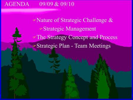 AGENDA 09/09 & 09/10 F Nature of Strategic Challenge & F Strategic Management F The Strategy Concept and Process F Strategic Plan - Team Meetings.