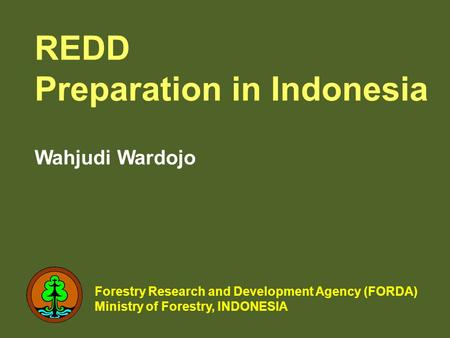 REDD Preparation in Indonesia Wahjudi Wardojo Forestry Research and Development Agency (FORDA) Ministry of Forestry, INDONESIA.
