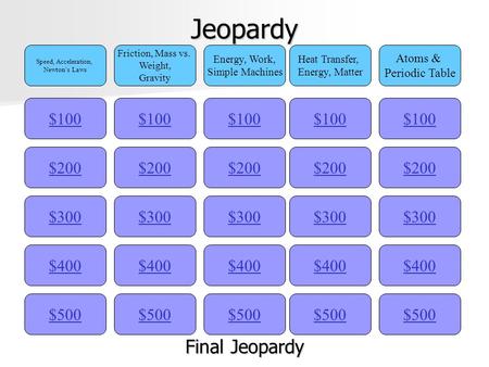 Jeopardy $100 Speed, Acceleration, Newton’s Laws Friction, Mass vs. Weight, Gravity Energy, Work, Simple Machines Heat Transfer, Energy, Matter Atoms.